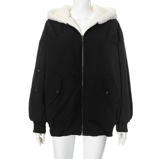 Winter Reversible Fleece Cotton Coat with Zipper, Thickened Korean Style Outerwear for Women